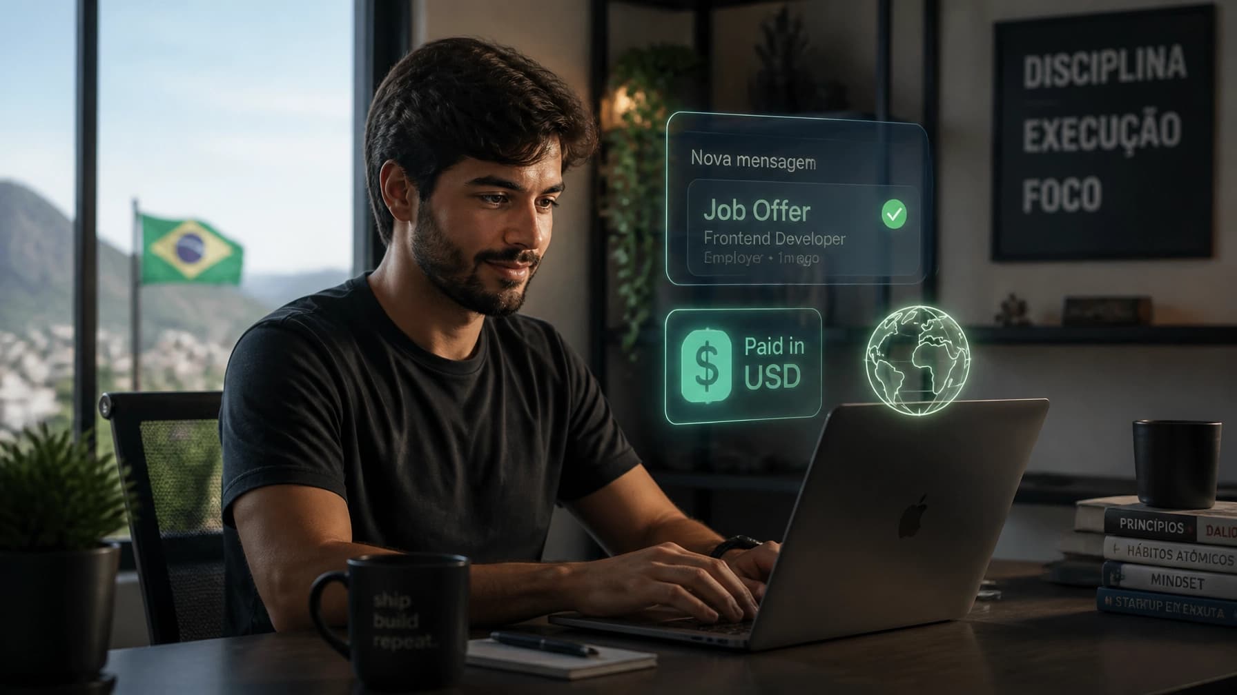 Profissional brasileiro trabalhando remotamente para o exterior com elementos digitais de sucesso em destaque