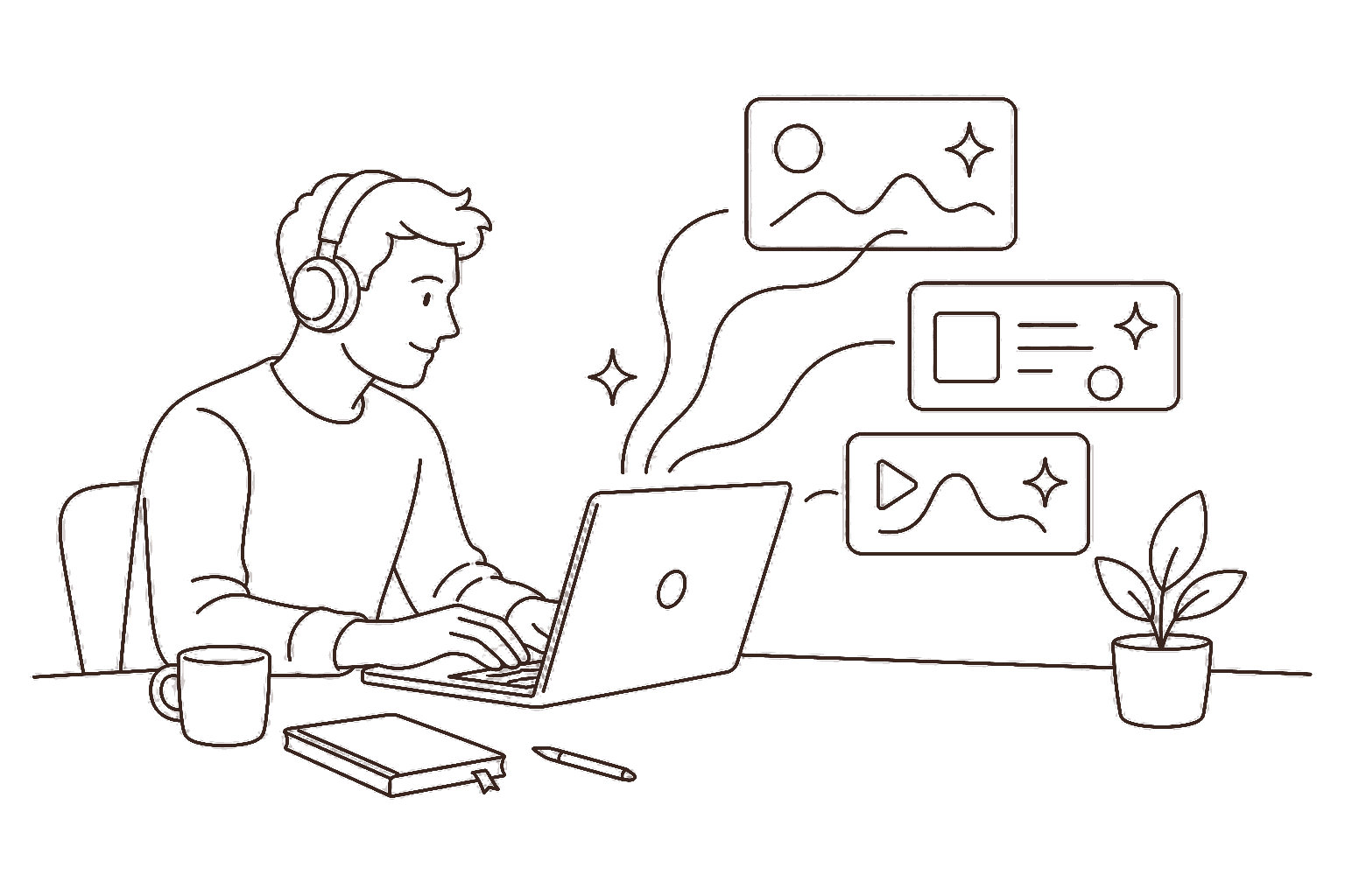 Ilustração line art: freelancer usando ferramentas de IA