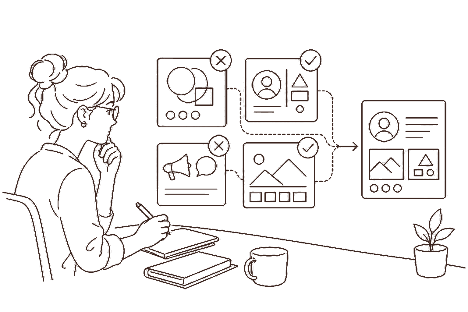 Ilustração line art: cartões de portfólio com acertos e erros