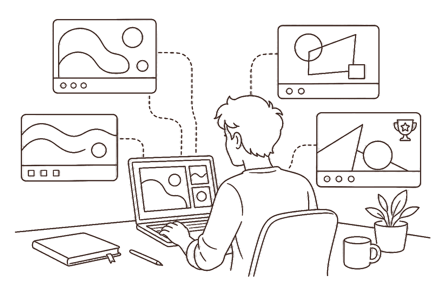 Ilustração line art: designer em concurso com cartões de conceito
