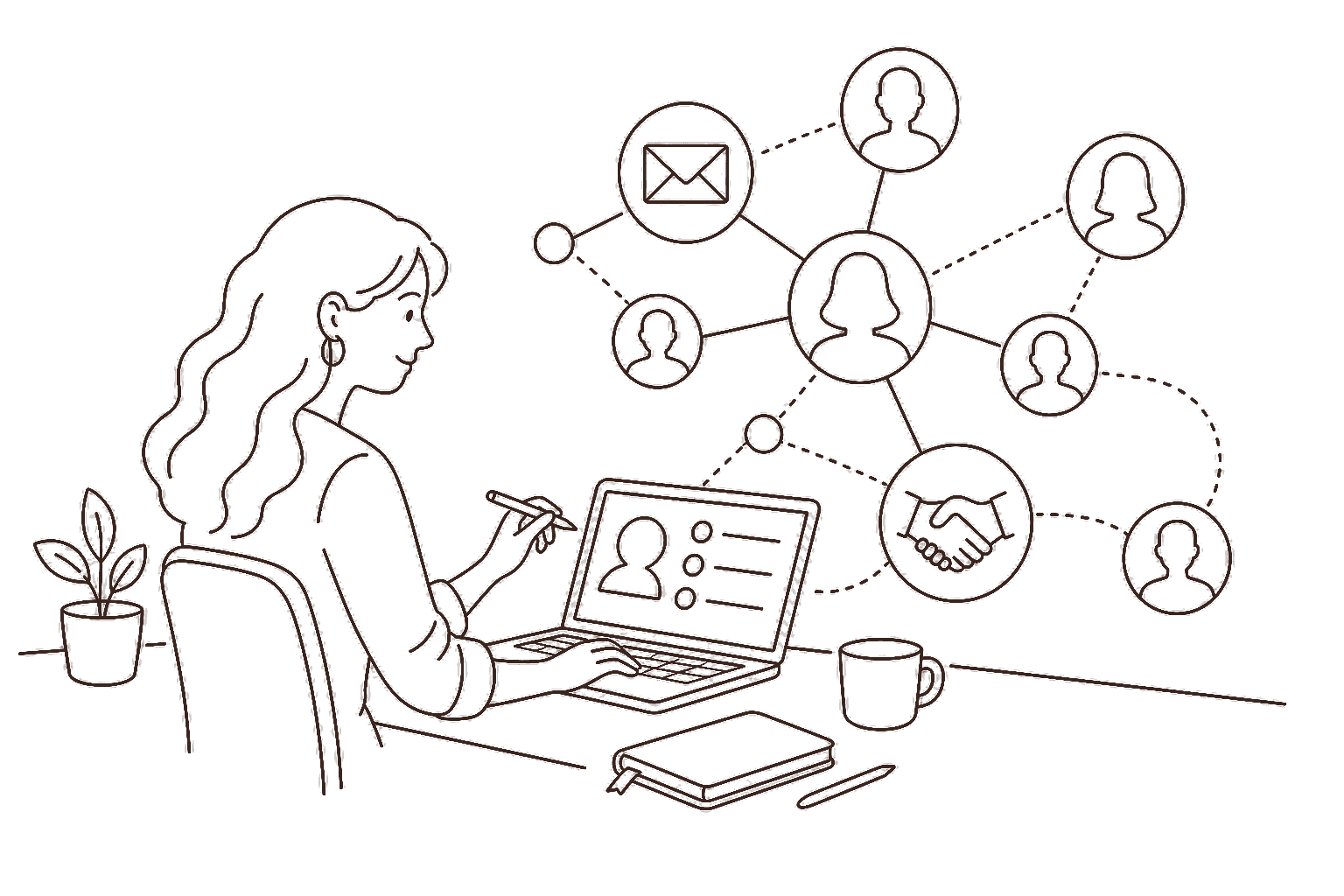 Ilustração line art: rede de canais para clientes internacionais