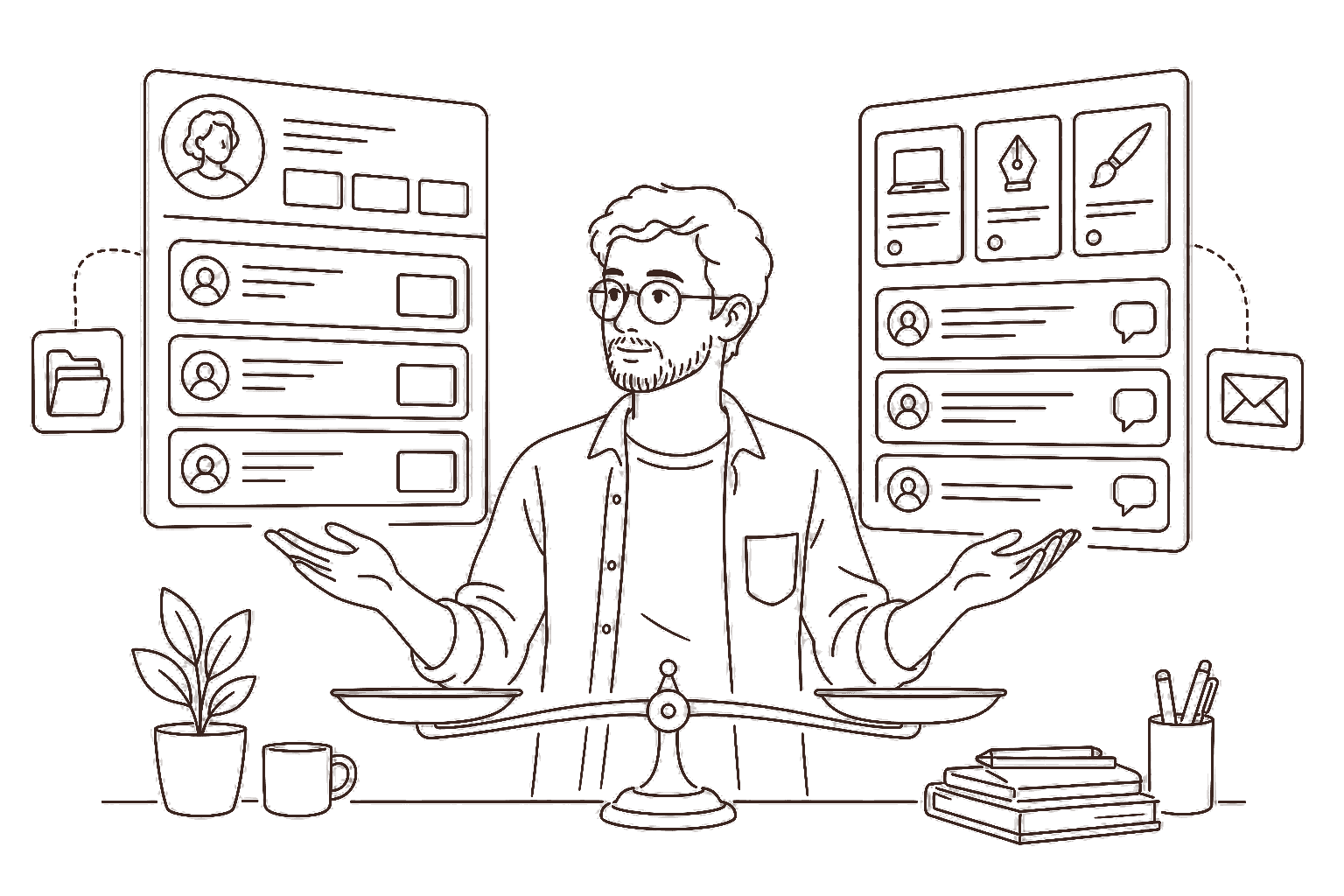 Ilustração line art: comparação lado a lado de duas plataformas