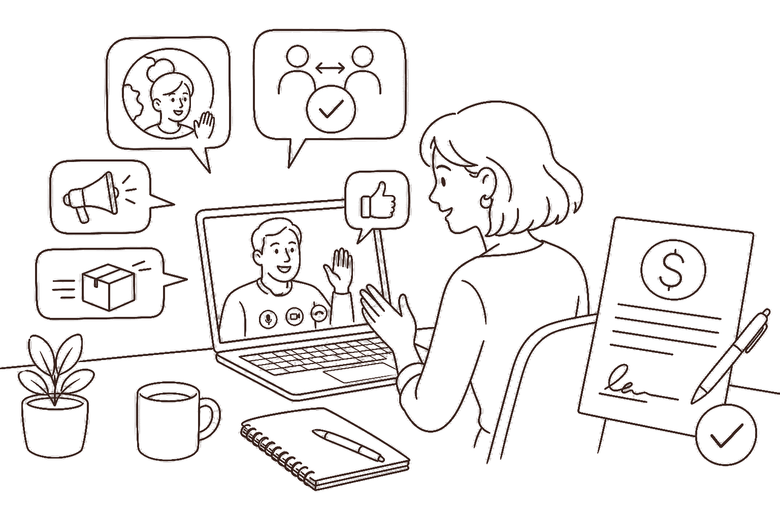 Ilustração line art: call e contrato em dólar com comunicação clara
