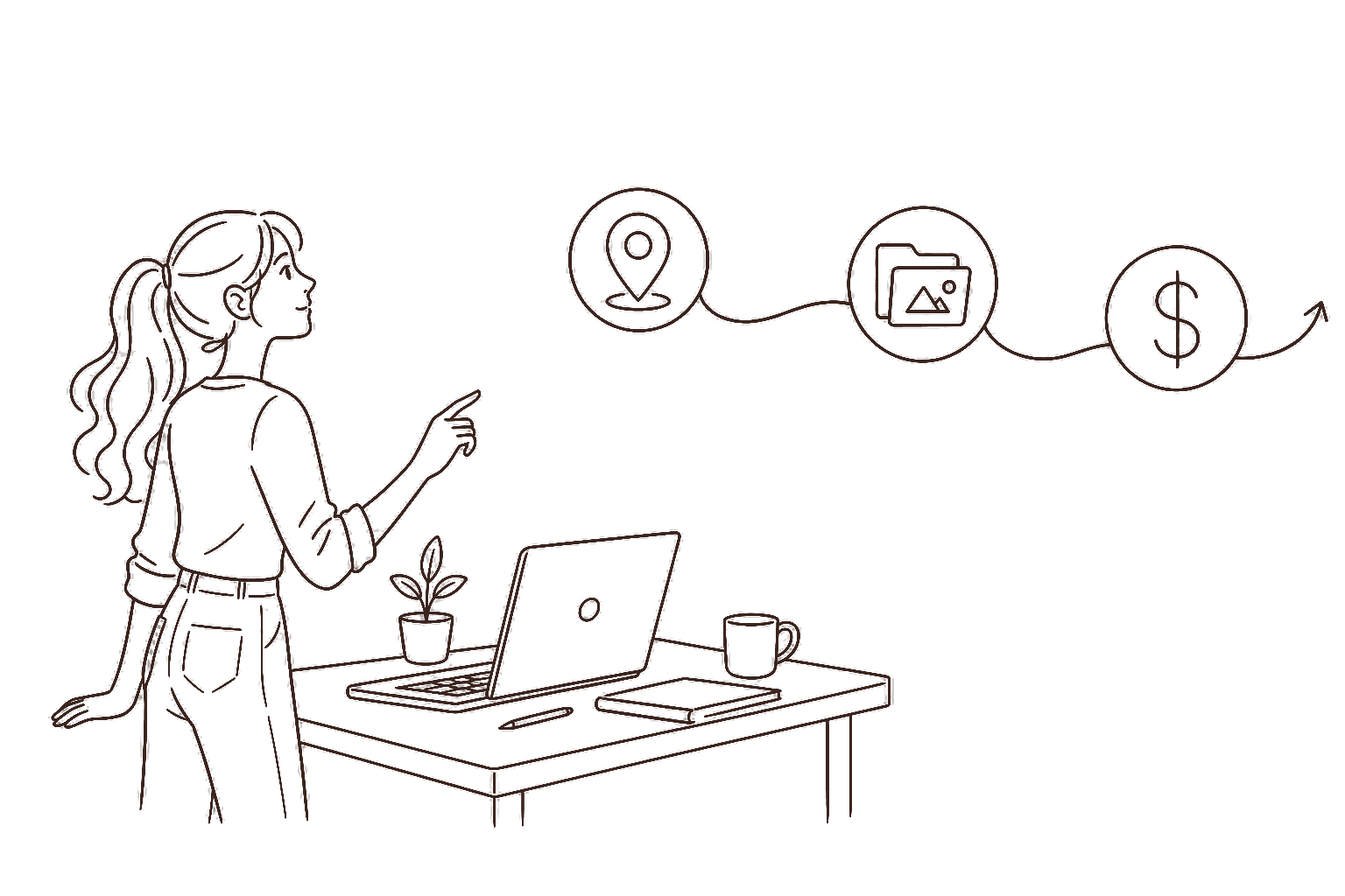 Ilustração line art: primeiros passos do freela internacional, pin, pasta e cifrão