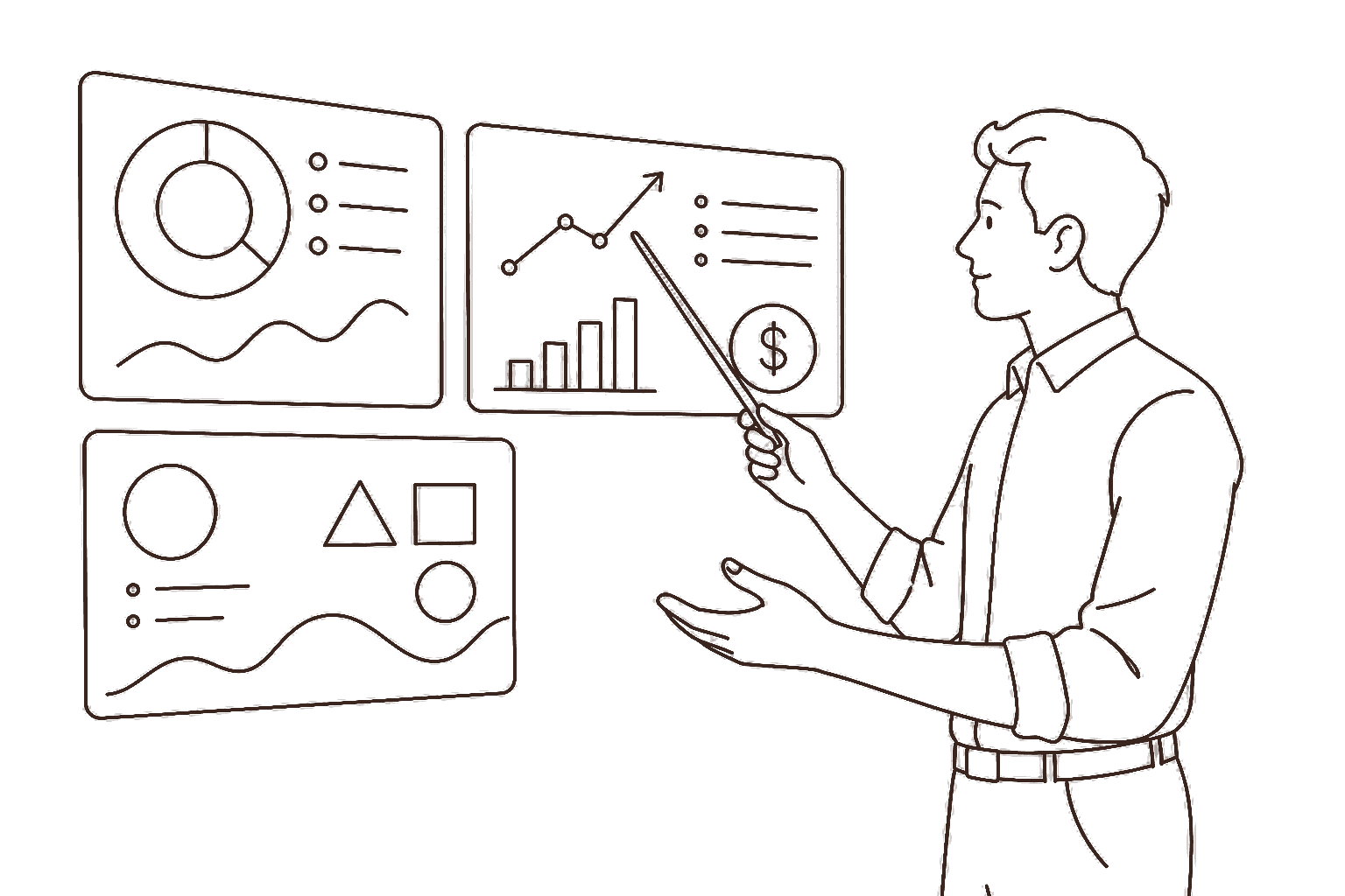 Ilustração line art: slides de apresentação e cifrão