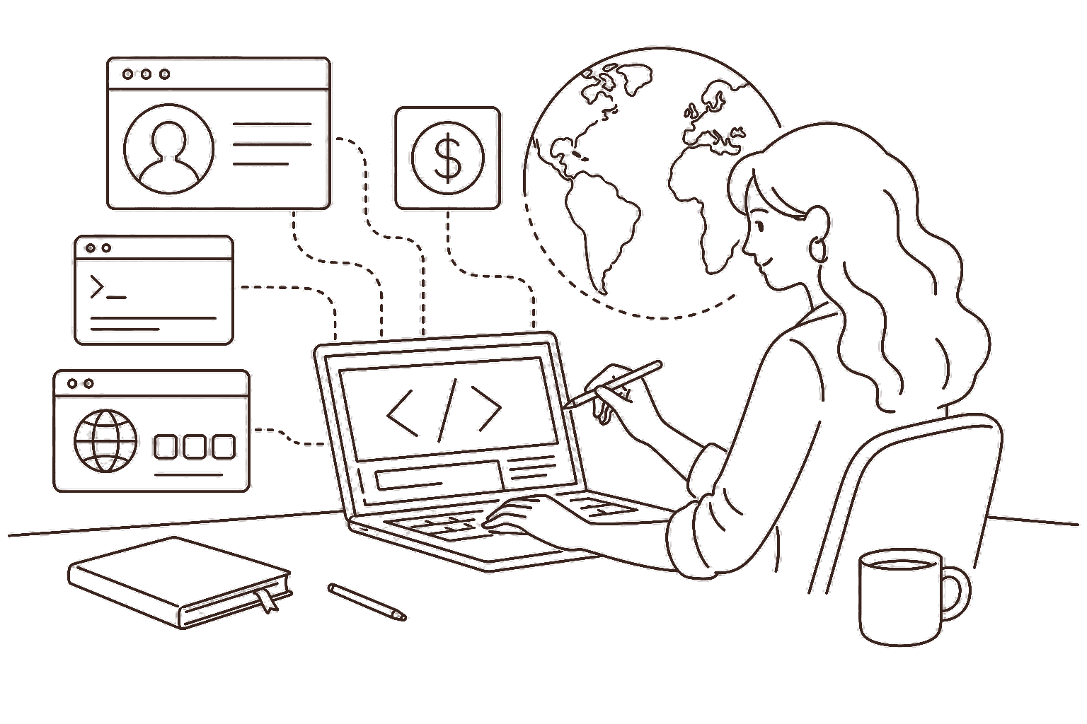 Ilustração line art: desenvolvedor web com código e cifrão