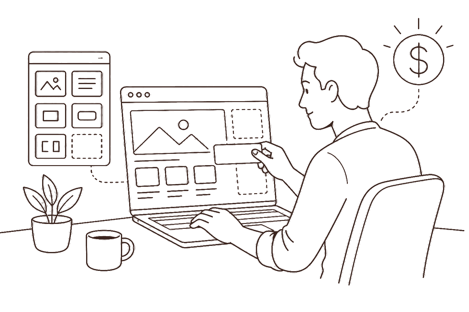 Ilustração line art: web designer montando site e cifrão