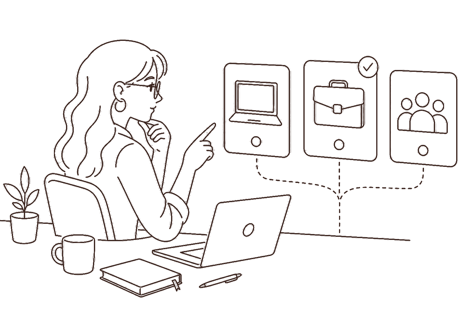 Ilustração line art: designer escolhendo entre opções de plataforma
