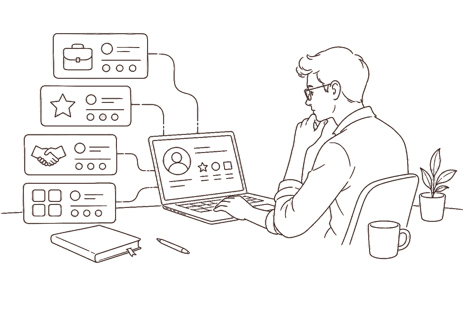 Ilustração line art: designer comparando painéis de plataformas de freelance