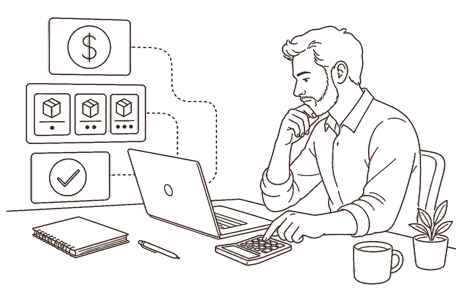 Ilustração line art: designer precificando pacotes em dólar