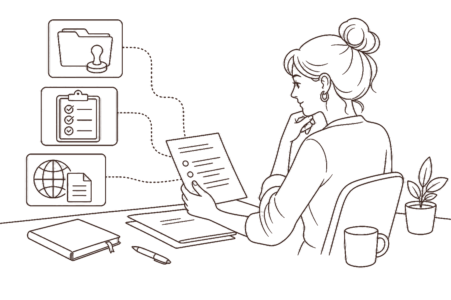 Ilustração line art: documentos e pasta para estrutura de CNPJ