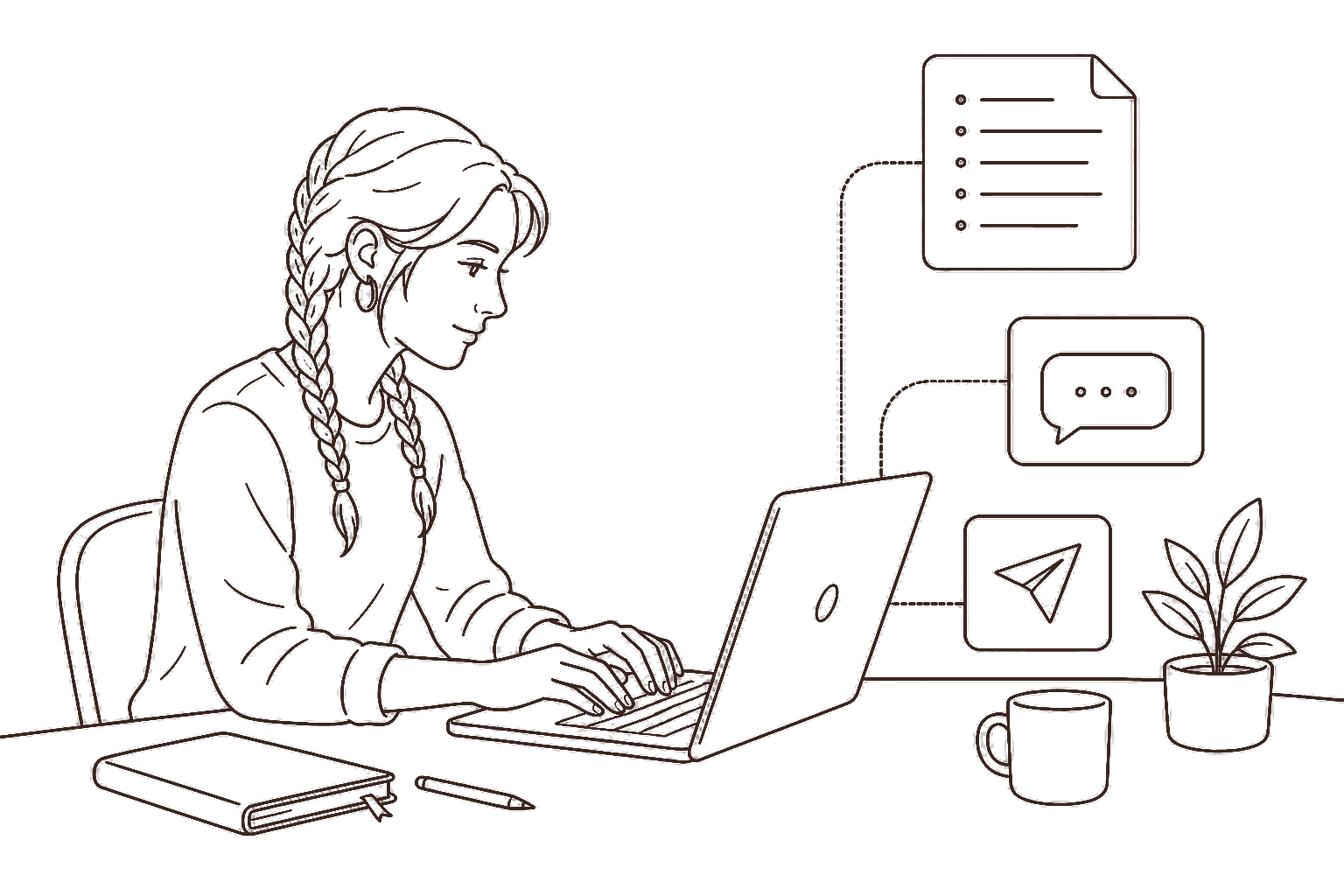 Ilustração line art: pessoa escrevendo proposta no laptop