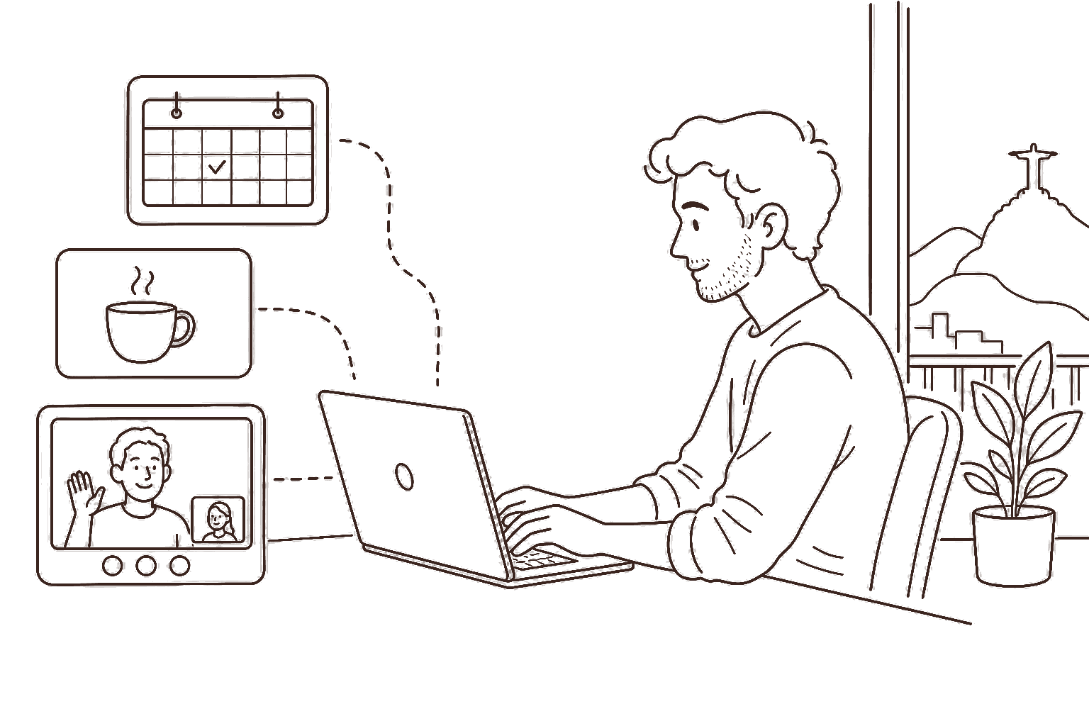 Ilustração line art: rotina de freela remoto com calendário e call