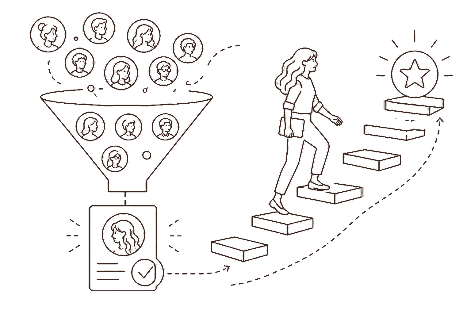 Ilustração line art: funil de seleção de talento elite