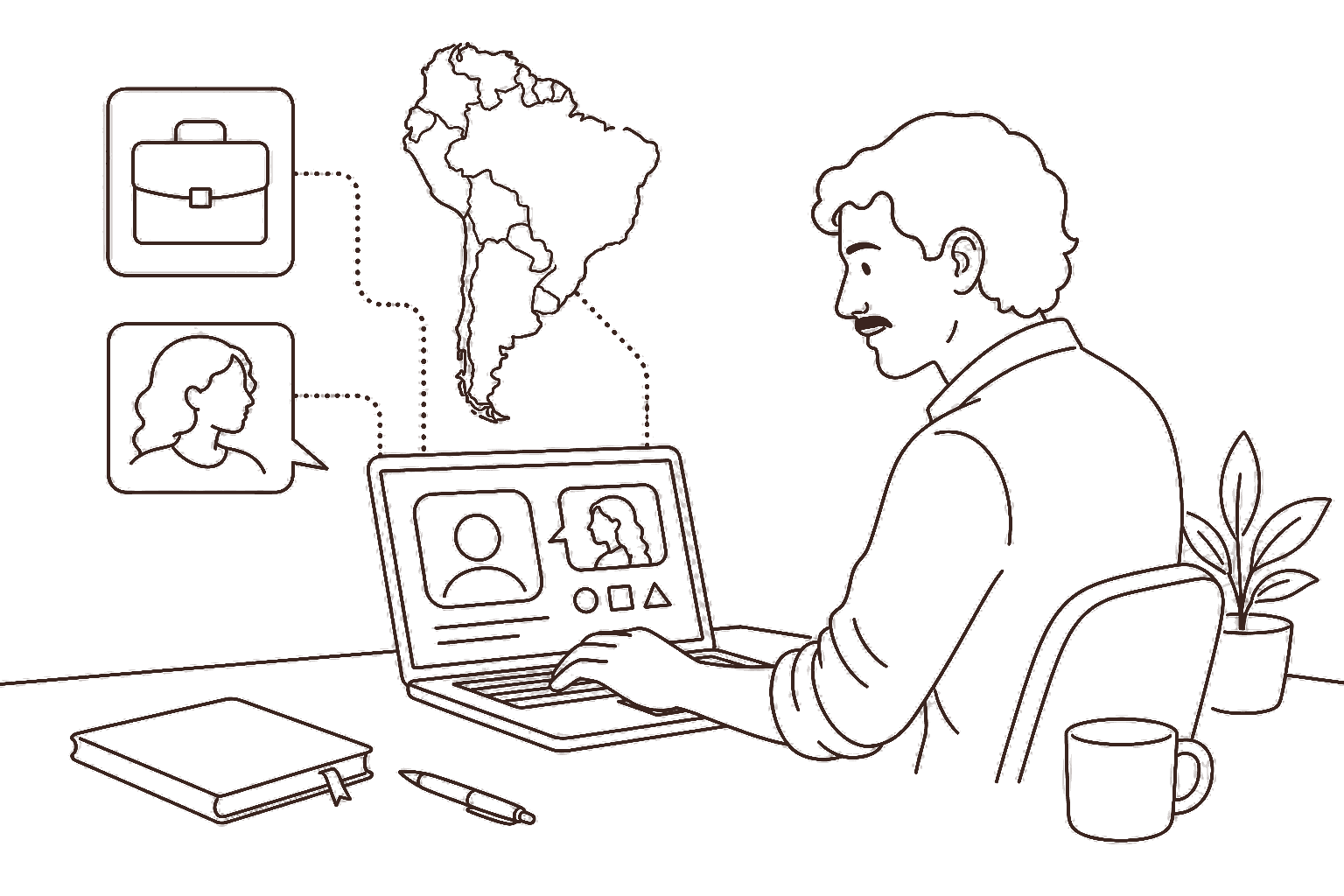 Ilustração line art: freelancer em marketplace da América Latina