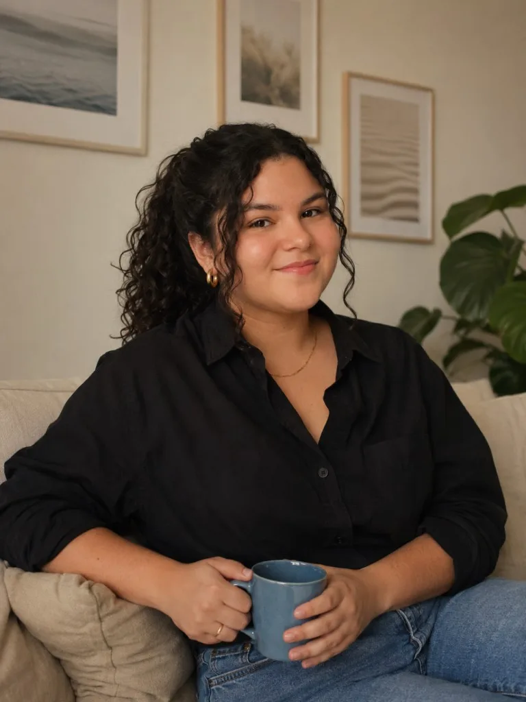 Ensaio gerado com IA: retrato no sofá, camisa preta e caneca.