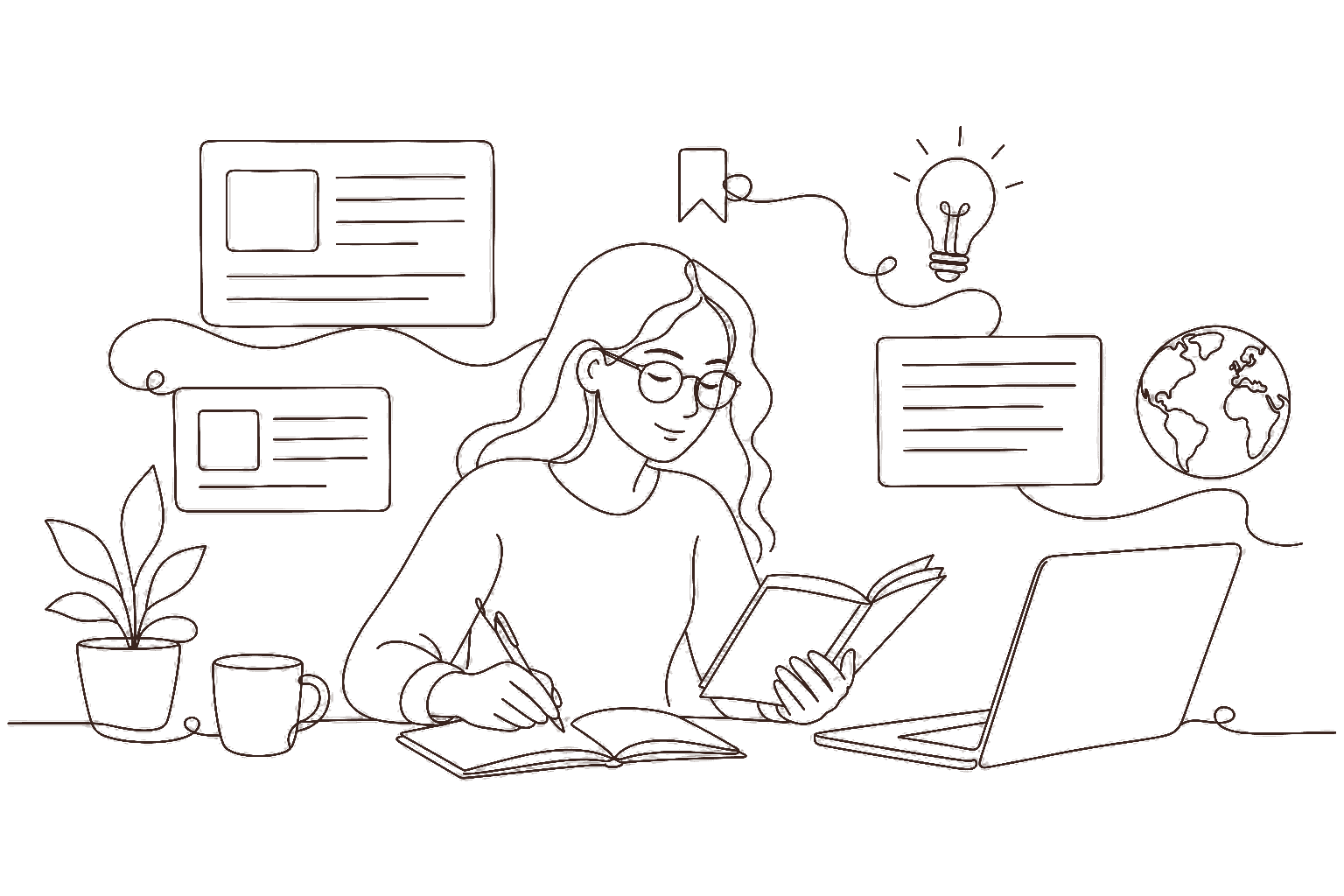 Ilustração line art: pessoa lendo e escrevendo sobre freela internacional, com artigos e ideias