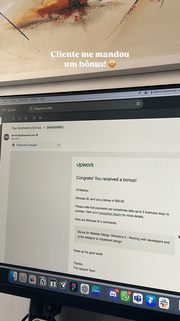 E-mail do Upwork: bônus de 50 dólares recebido de cliente.