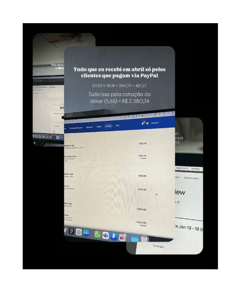 Montagem com três stories: PayPal em abril, mensagem de boa notícia e tela de contrato no Upwork.