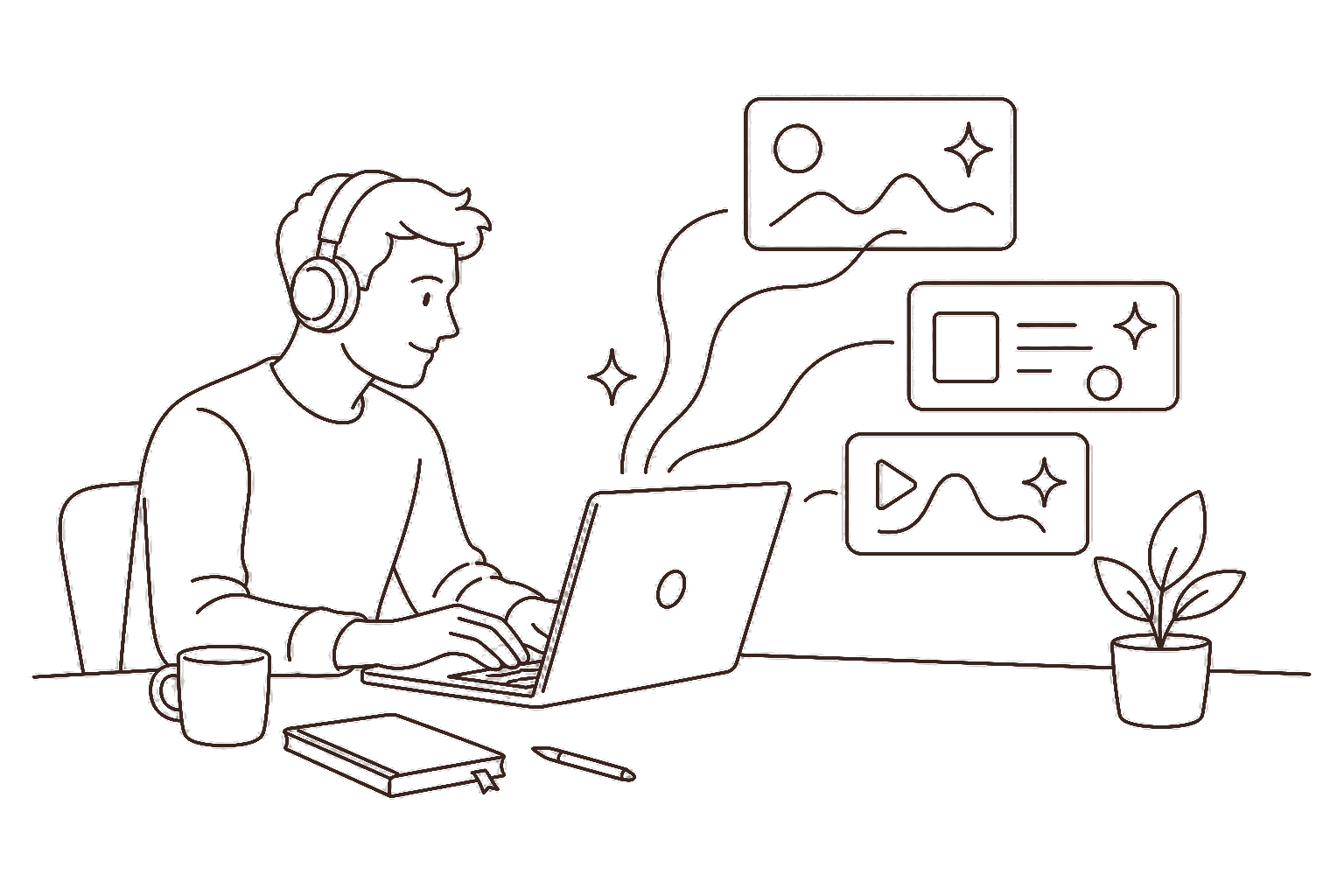 Ilustração line art: freelancer usando ferramentas de IA