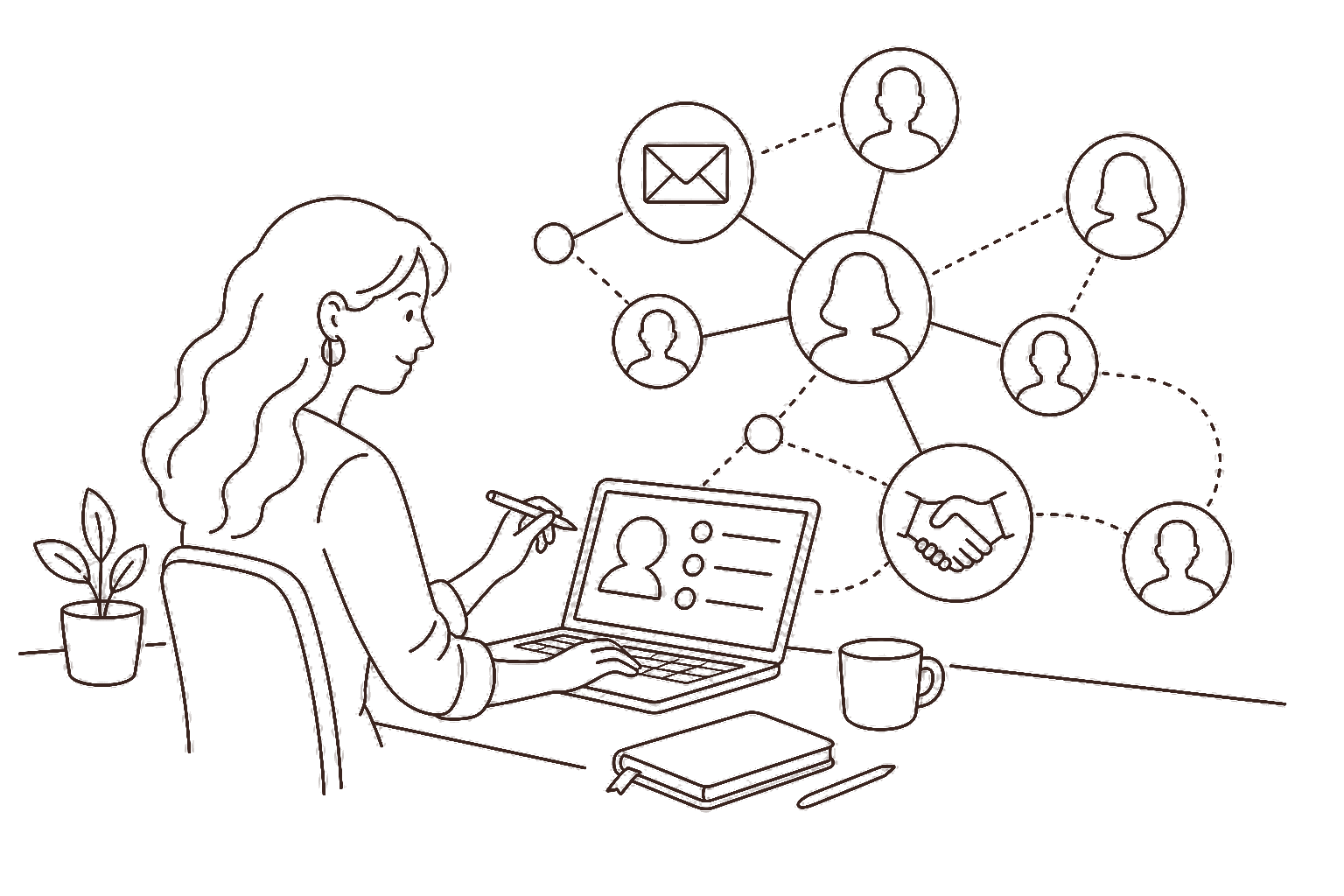 Ilustração line art: rede de canais para clientes internacionais