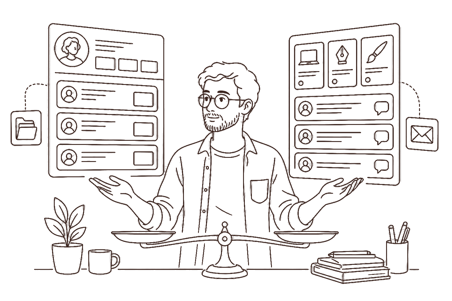 Ilustração line art: comparação lado a lado de duas plataformas