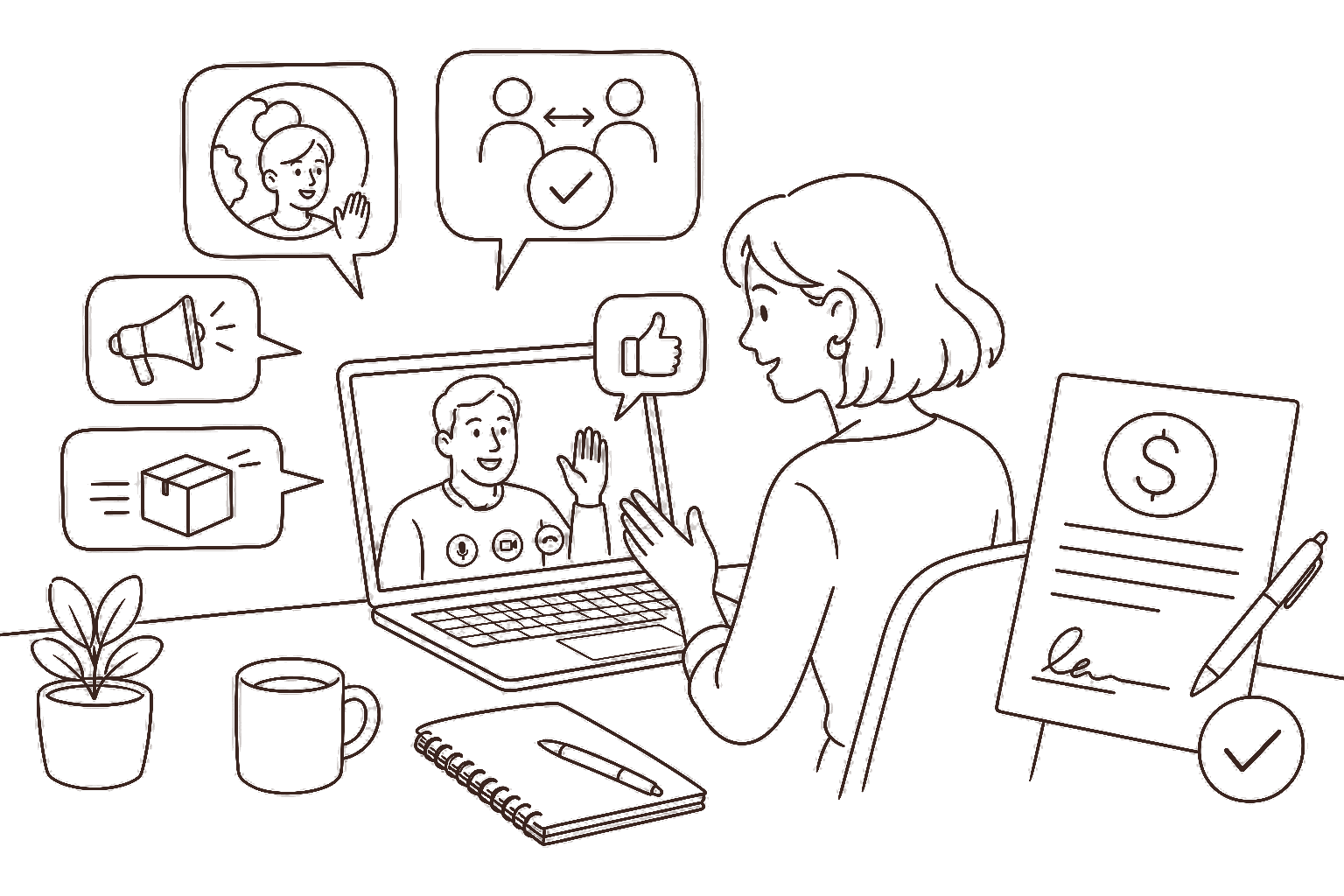 Ilustração line art: call e contrato em dólar com comunicação clara