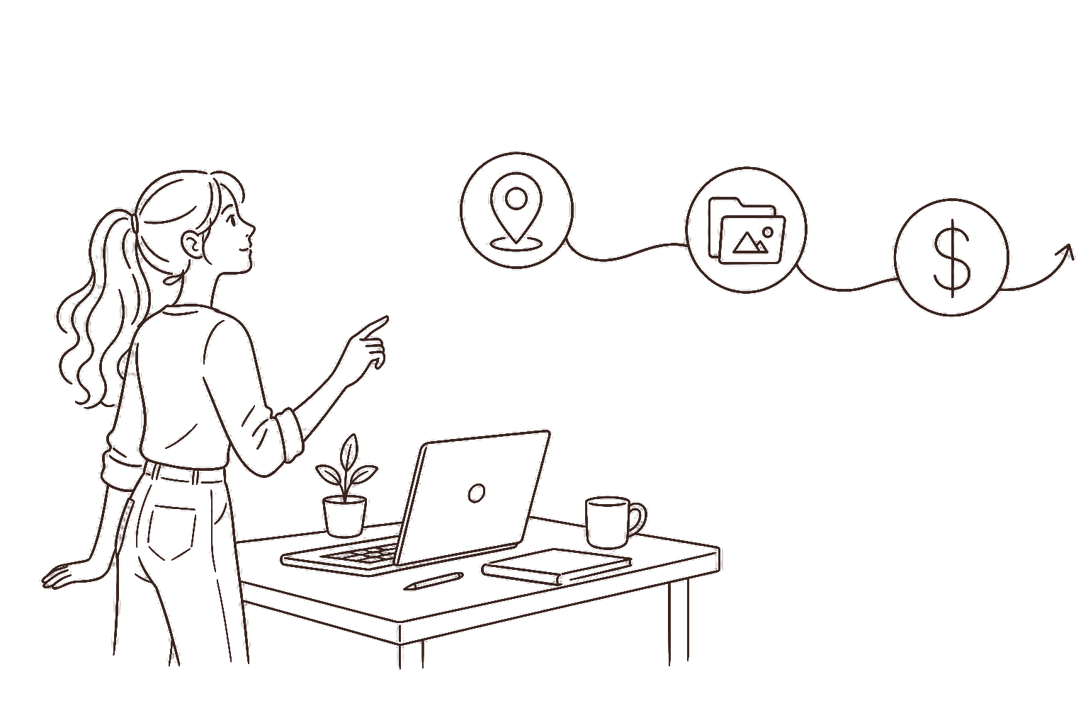 Ilustração line art: primeiros passos do freela internacional, pin, pasta e cifrão