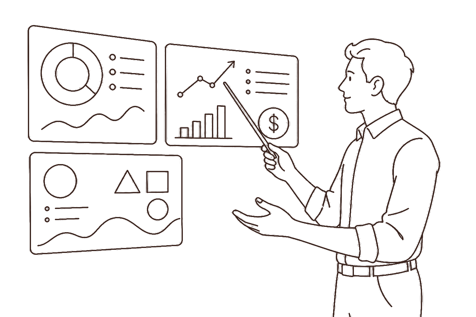 Ilustração line art: slides de apresentação e cifrão