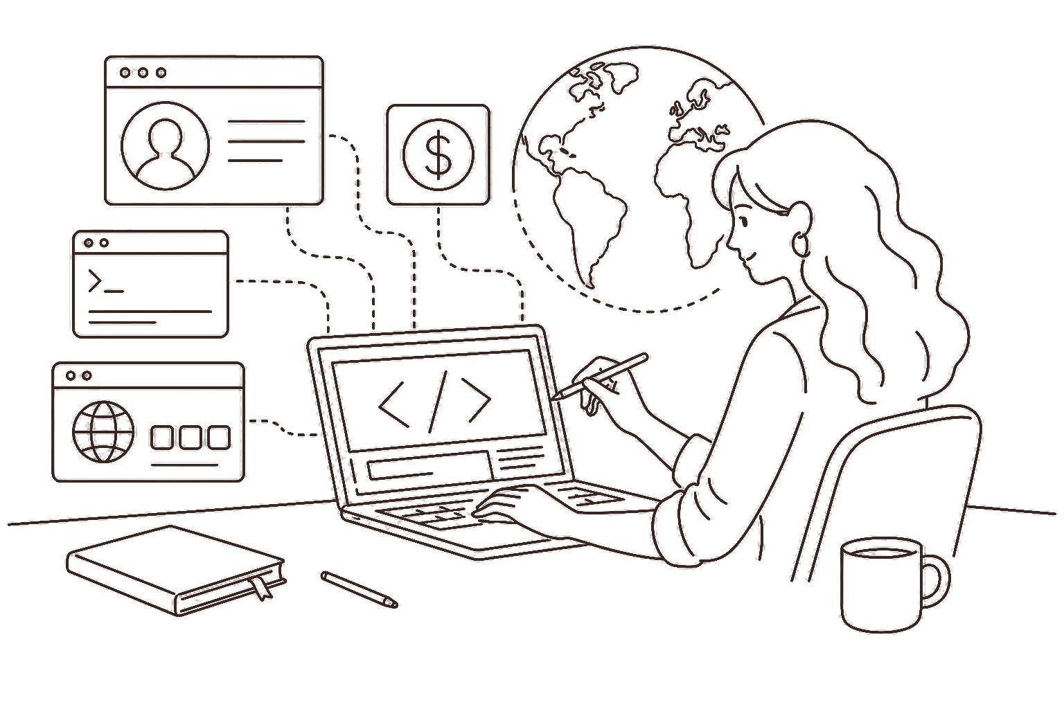 Ilustração line art: desenvolvedor web com código e cifrão