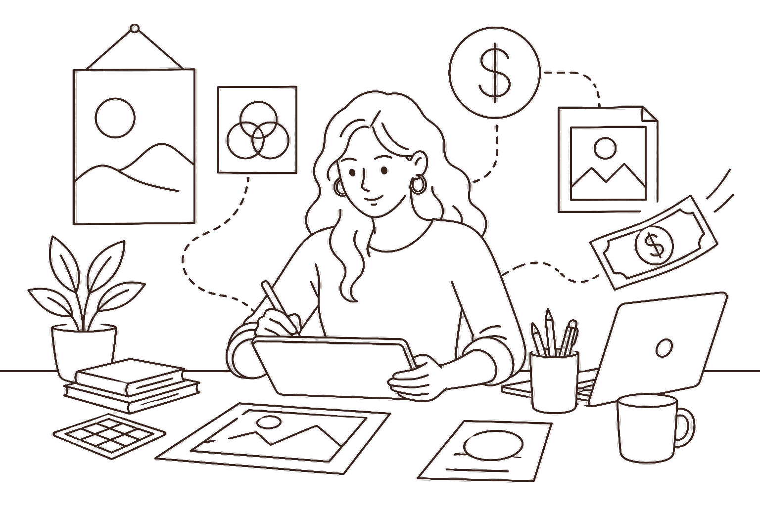 Ilustração line art: design gráfico com peças e cifrão