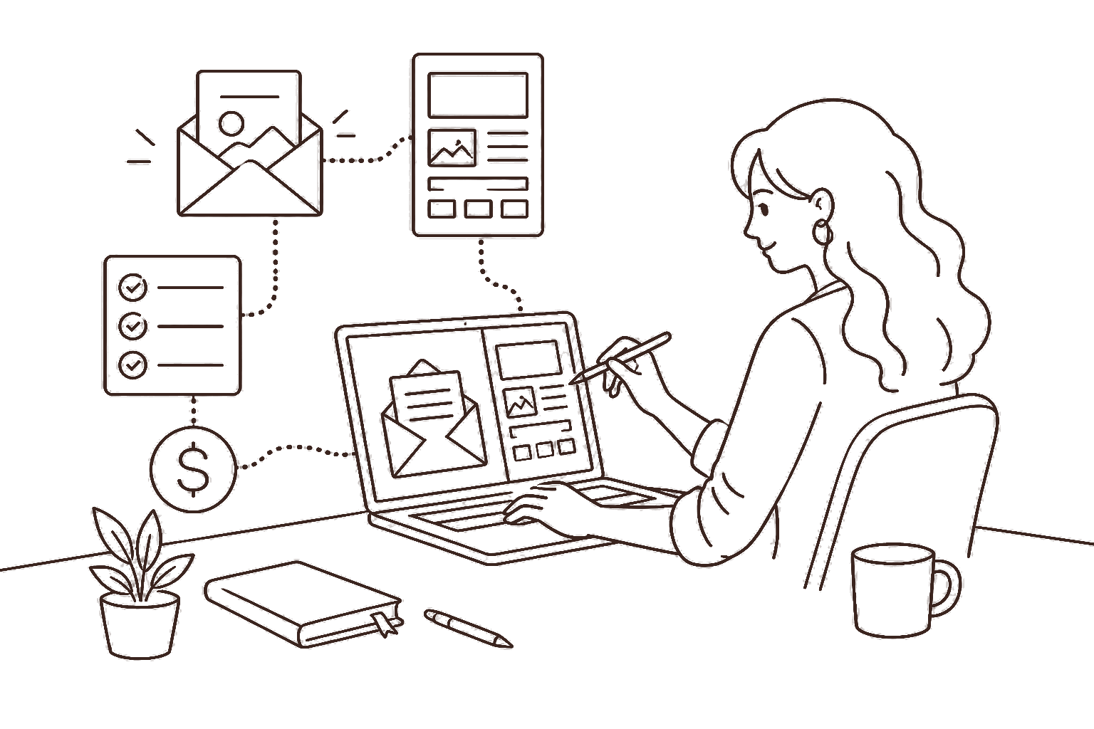 Ilustração line art: design de e-mail marketing e cifrão