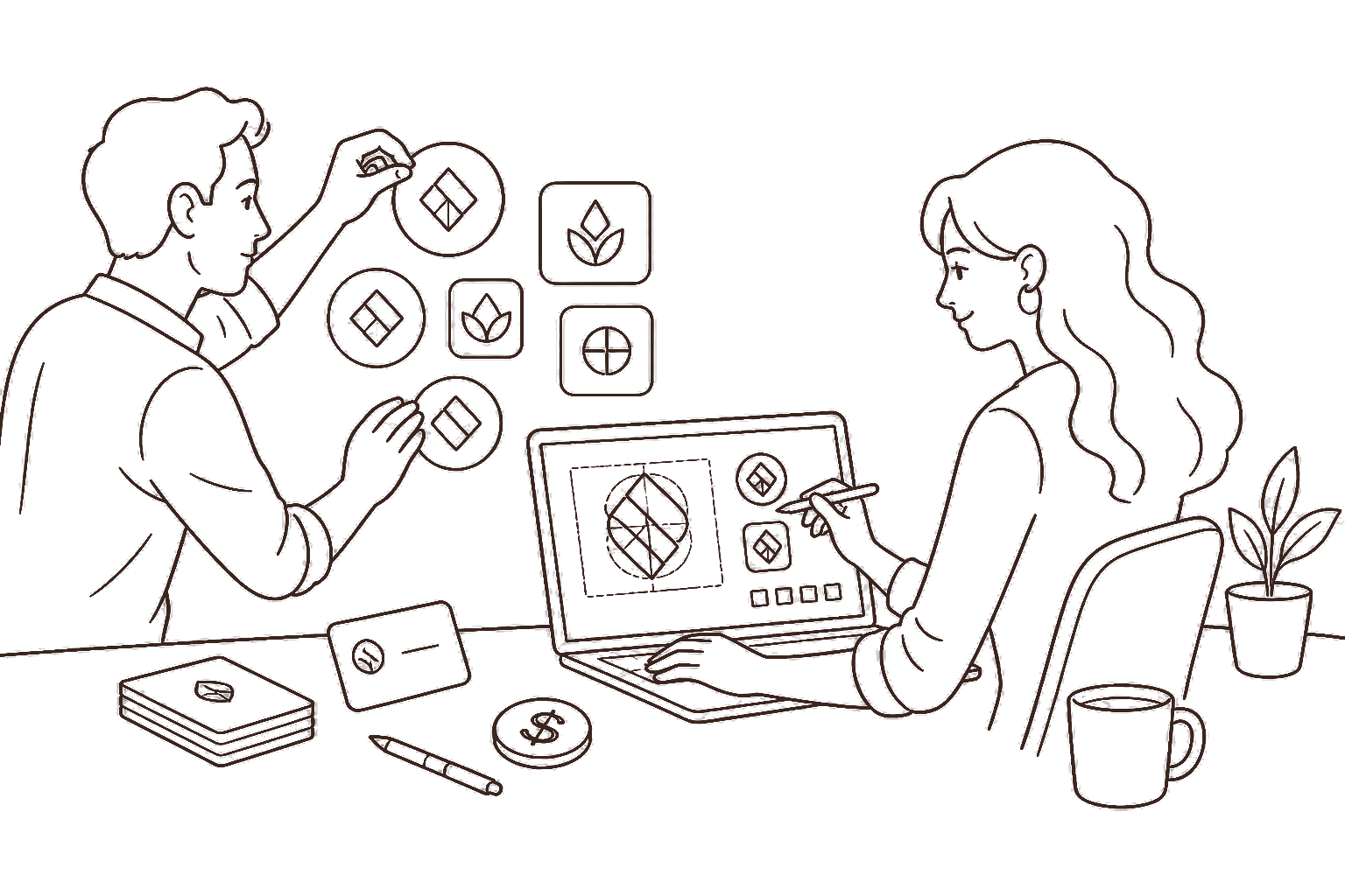 Ilustração line art: identidade visual e cartão com cifrão