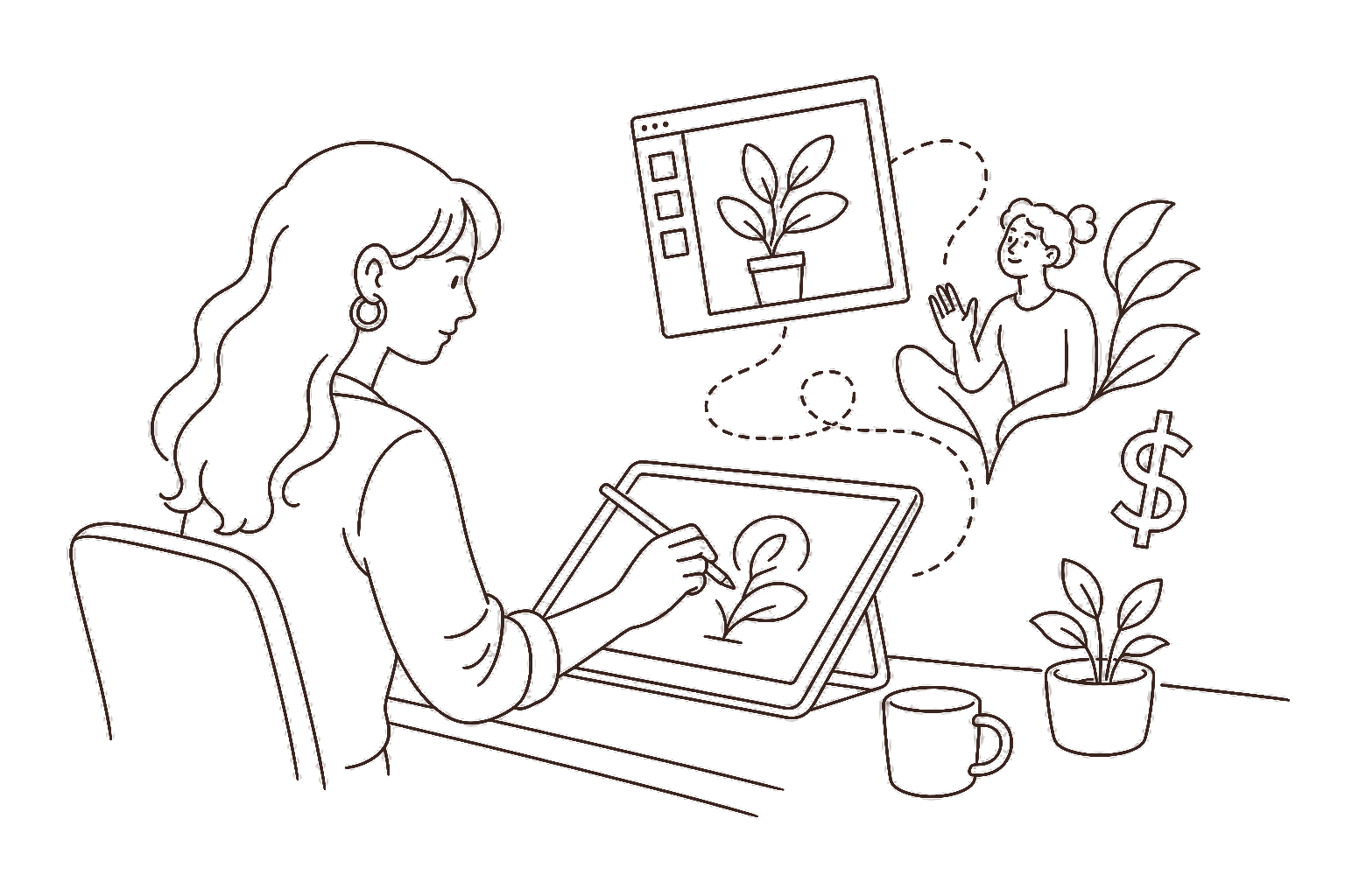 Ilustração line art: ilustradora no tablet com cifrão