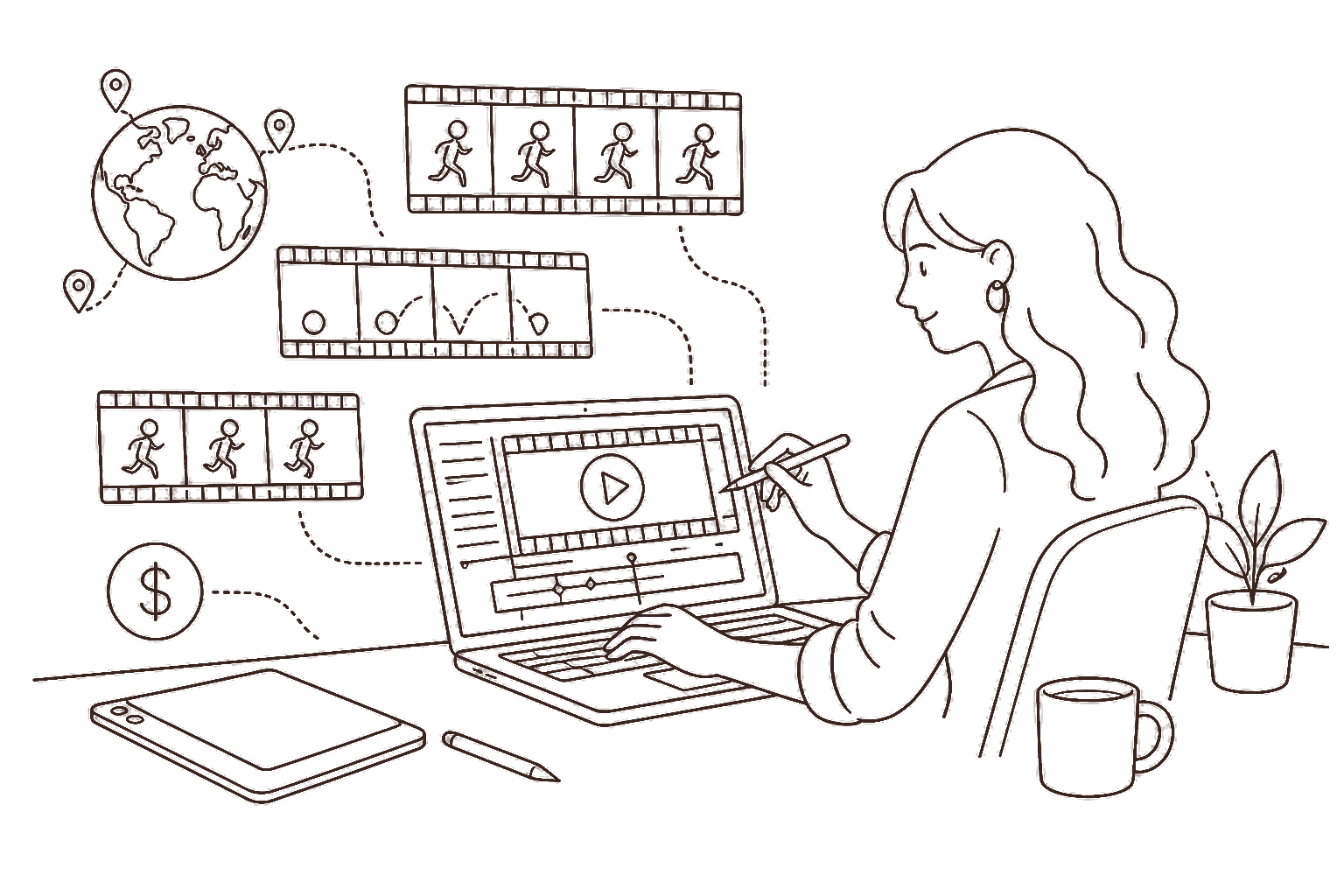 Ilustração line art: motion design com timeline e cifrão