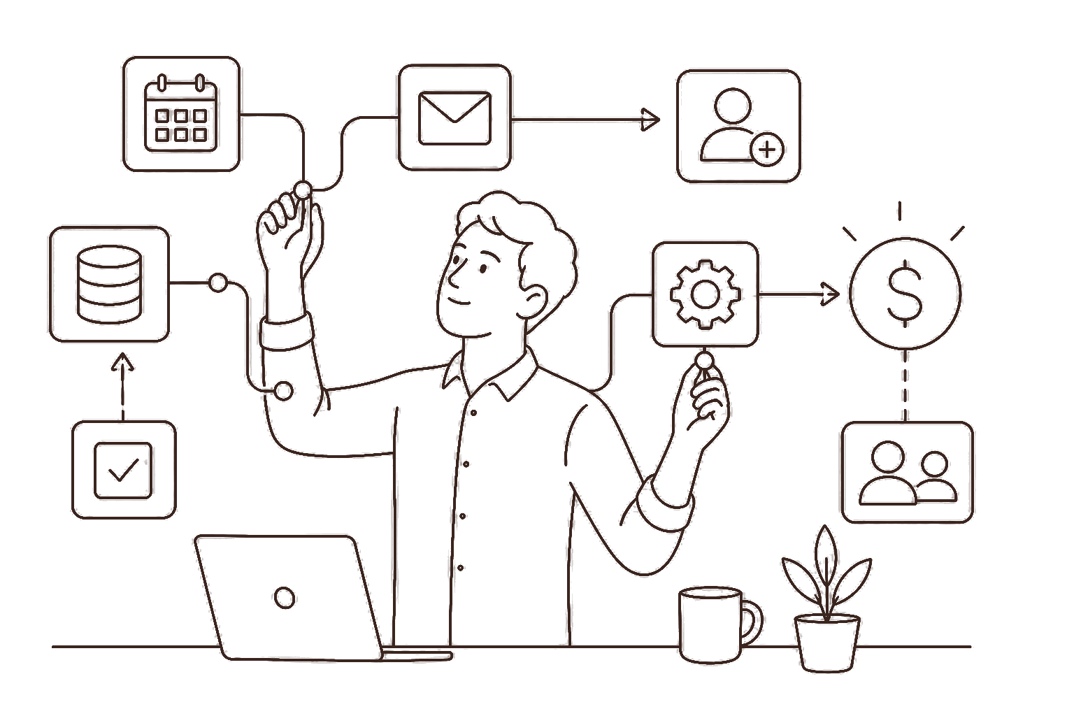 Ilustração line art: automação no-code com fluxos e cifrão