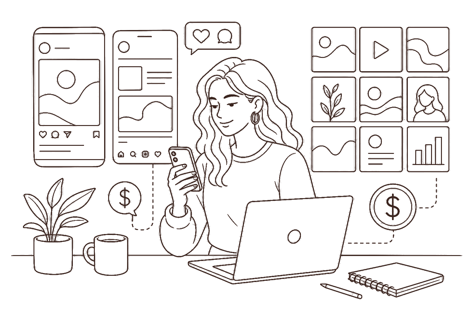 Ilustração line art: design para redes sociais e cifrão