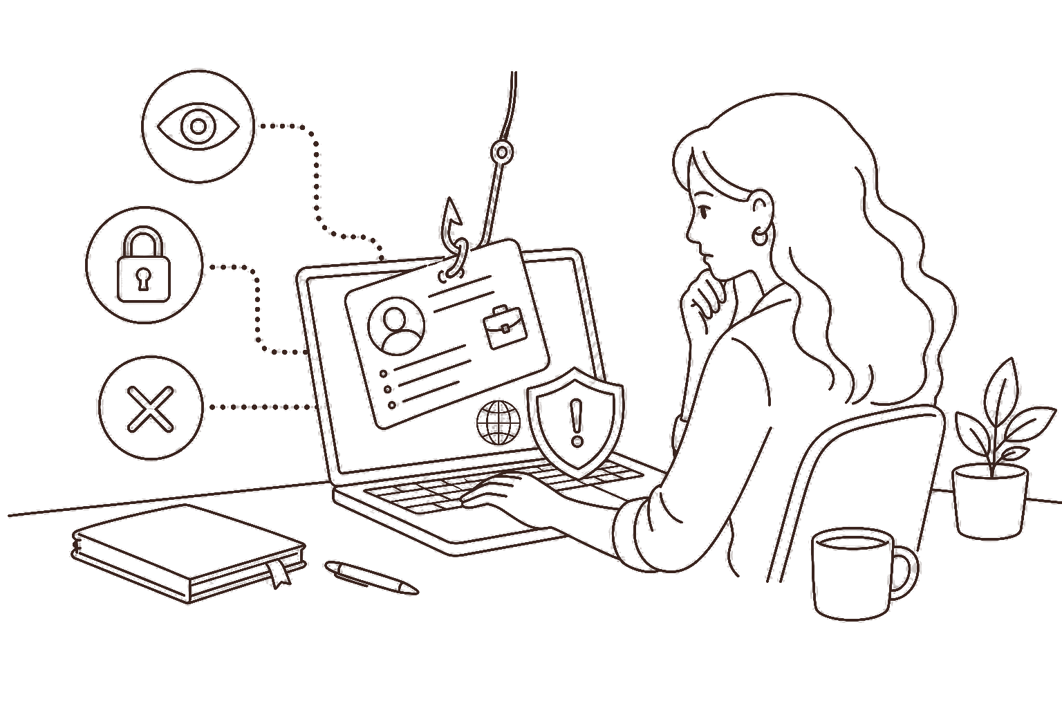 Ilustração line art: sinais de alerta em vaga internacional suspeita