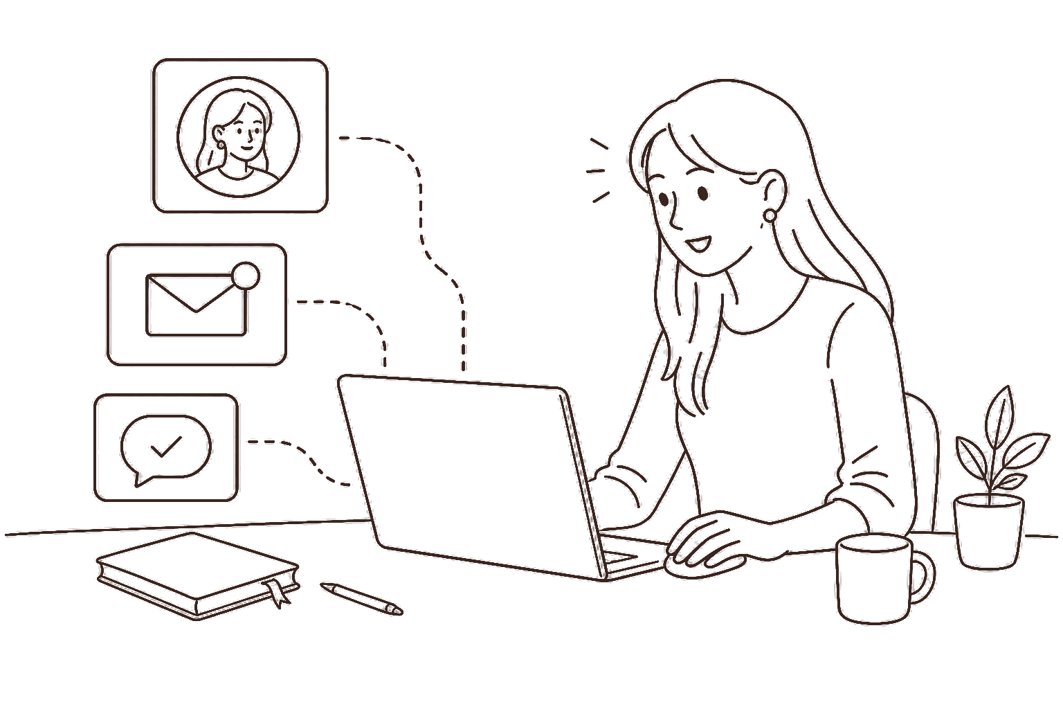 Ilustração line art: perfil profissional recebendo convites e mensagens