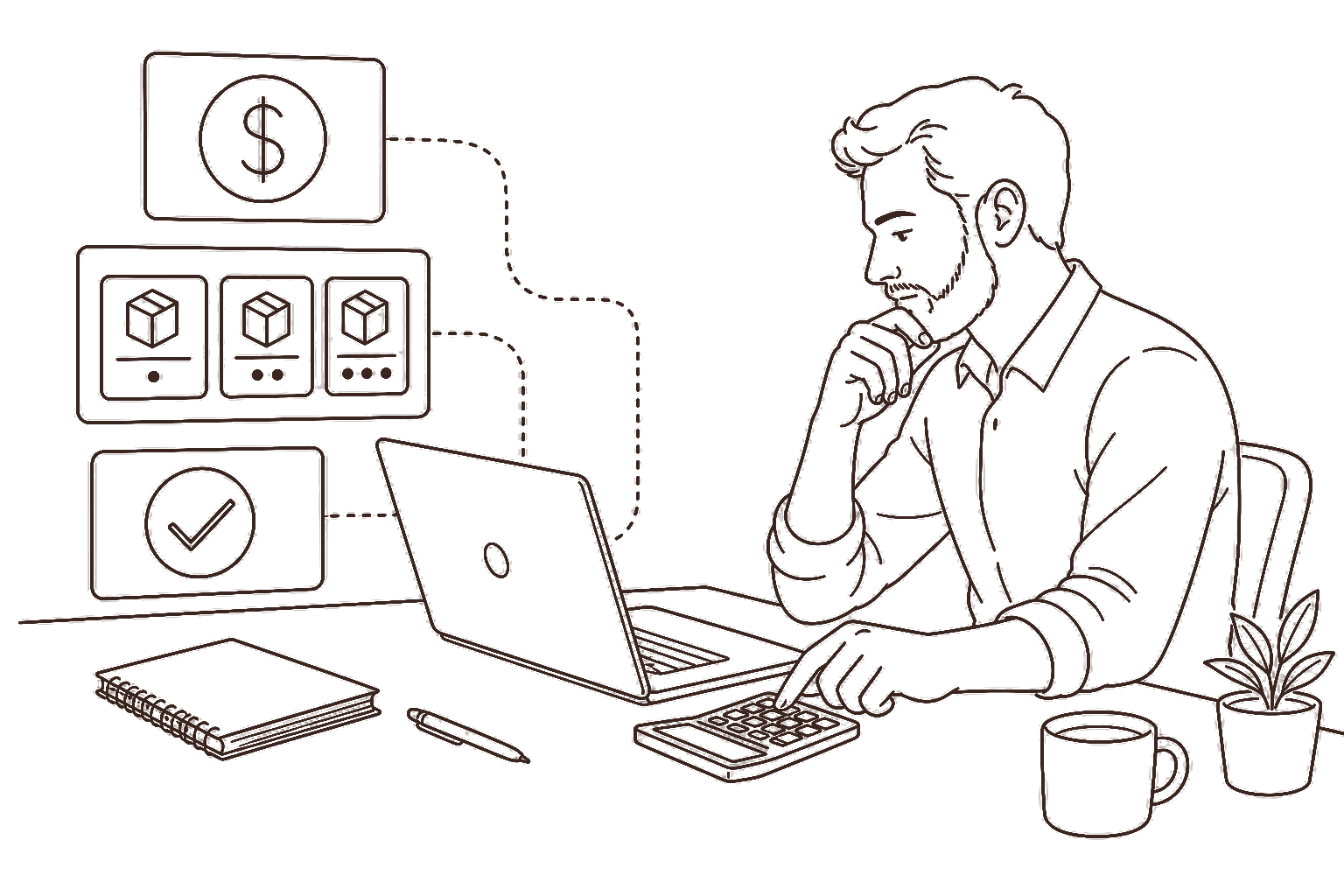 Ilustração line art: designer precificando pacotes em dólar