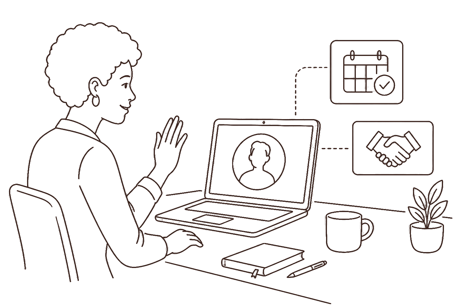 Ilustração line art: designer em call com cliente internacional