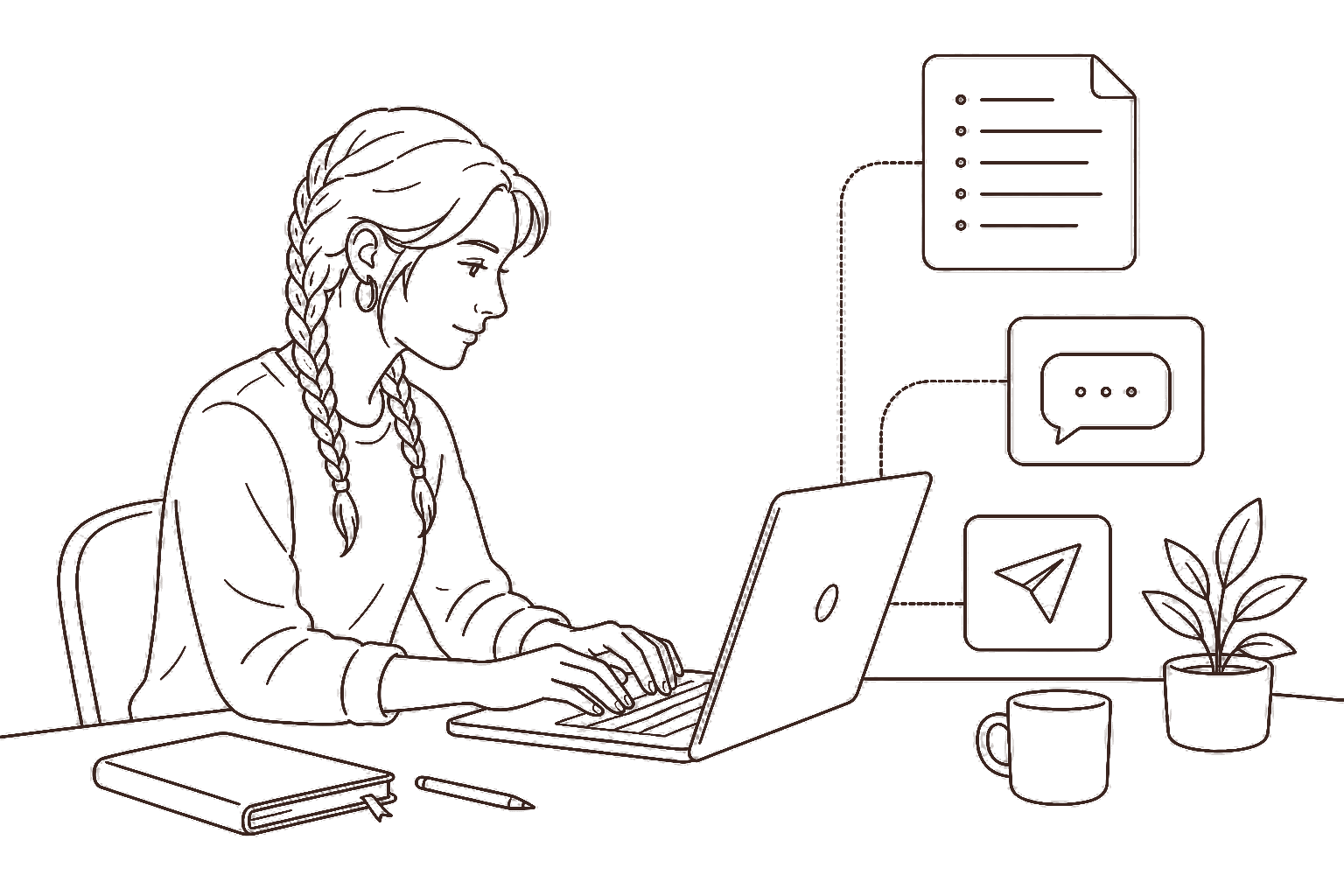 Ilustração line art: pessoa escrevendo proposta no laptop