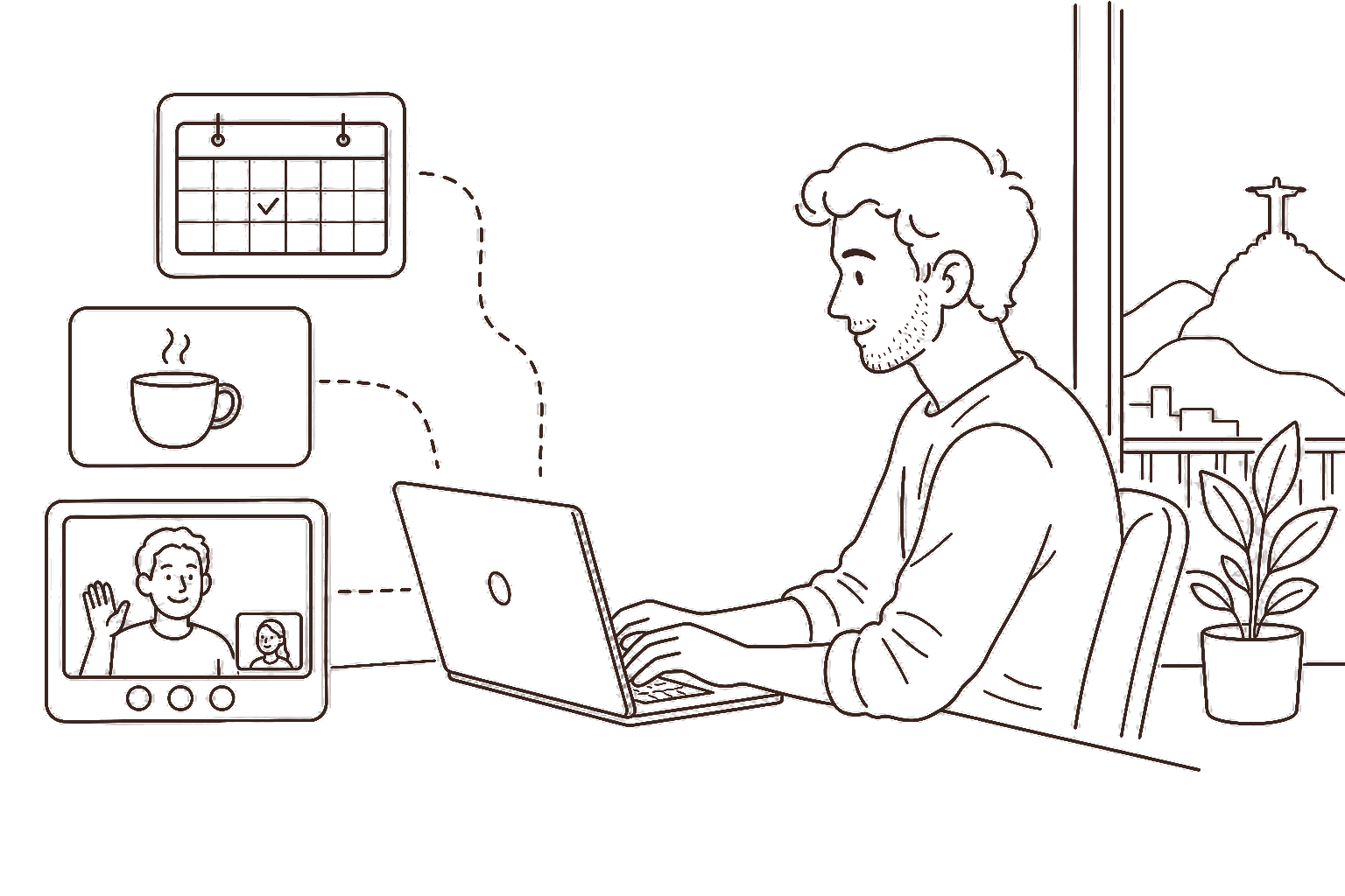 Ilustração line art: rede e colaboração entre freelancers