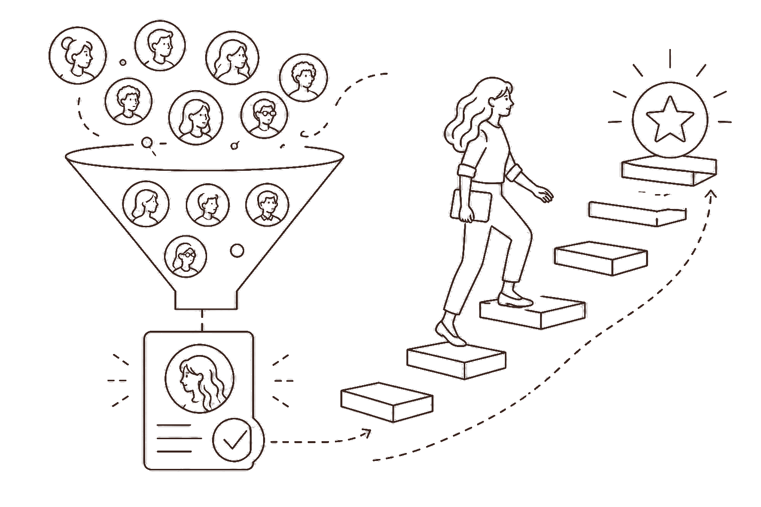 Ilustração line art: funil de seleção de talento elite