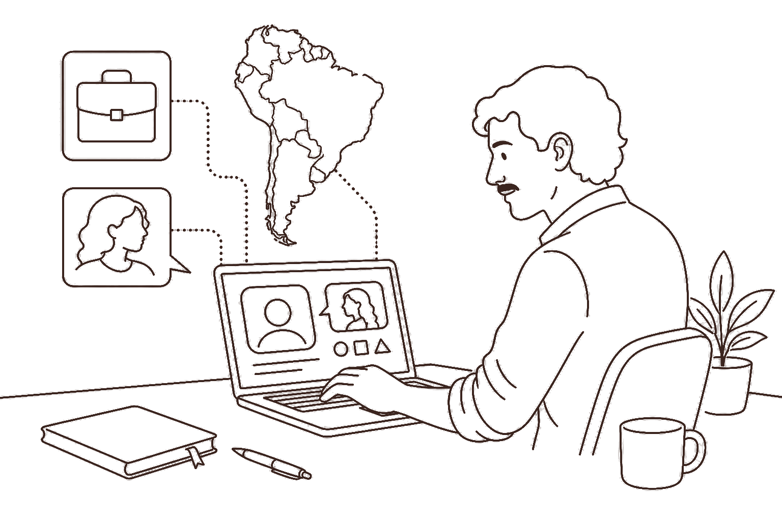 Ilustração line art: freelancer em marketplace da América Latina