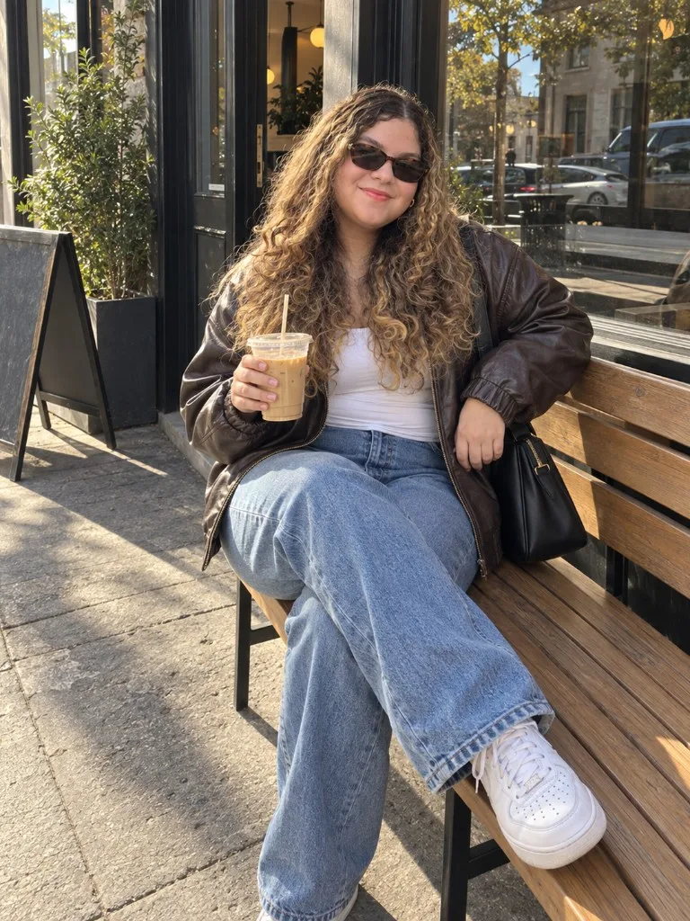 Rebeca em um café, com jaqueta e café gelado.