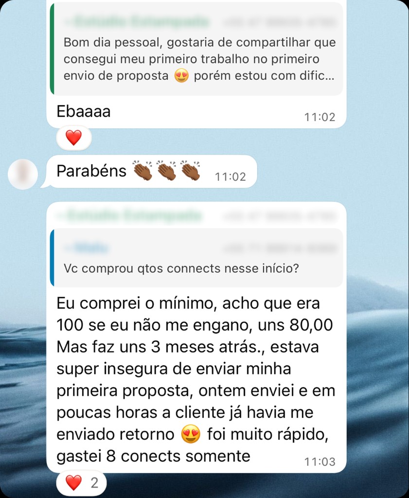 Depoimento de aluno 2: print de conversa com resultado em Upwork ou freelas internacionais.