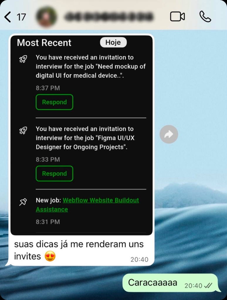 Depoimento de aluno 6: print de conversa com resultado em Upwork ou freelas internacionais.