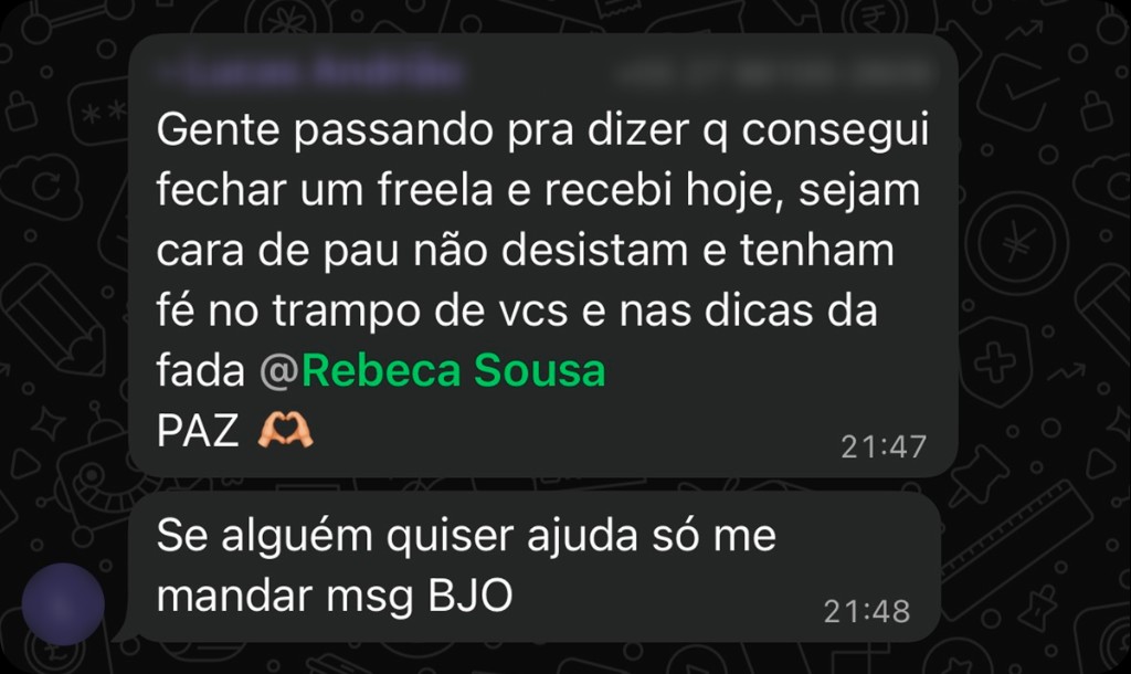 Depoimento de aluno 7: print de conversa com resultado em Upwork ou freelas internacionais.