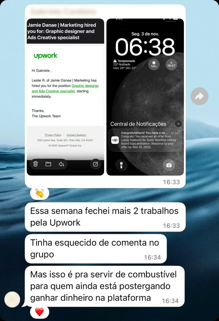 Depoimento de aluno 13: print de conversa com resultado em Upwork ou freelas internacionais.